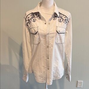 Women’s white WESTERN Button-Up Shirt with Black Embroidery